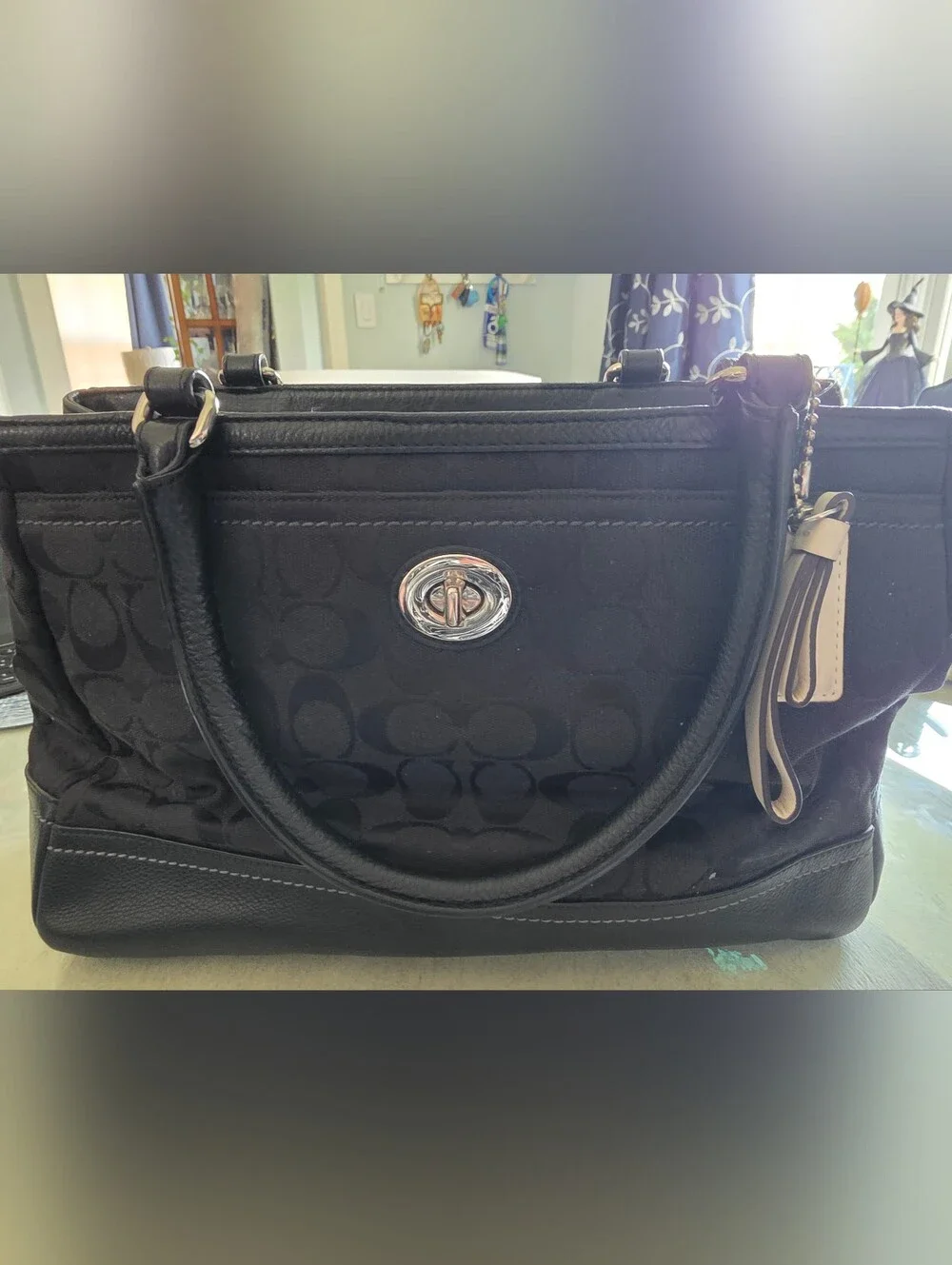 COACH Classic Black Logo-Pattern Tote Bag with Turnlock Accent